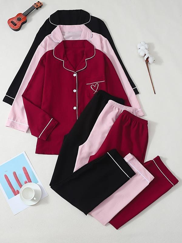 New Solid Color Lapel Long Sleeve Heart Embroidery Pj Sets for Women, Casual Style Sleepwear for Ladies, Comfortable Nightwear, Loungewear