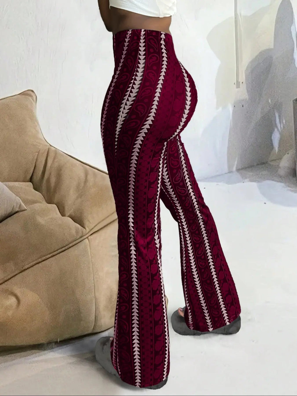 Women's Geometric Print Flared-Leg Knit Fitted Pants, Summer Casual Comfy Chic Trousers for Daily Wear, Ladies Bottoms for All Seasons