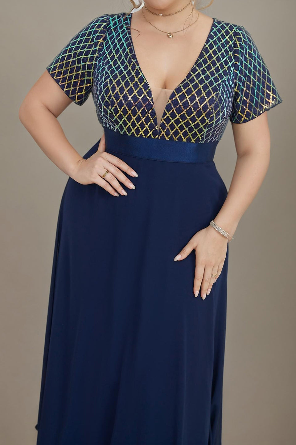 Curveins Plus Size Sequin V-Neck Short Sleeve Maxi Evening Gown