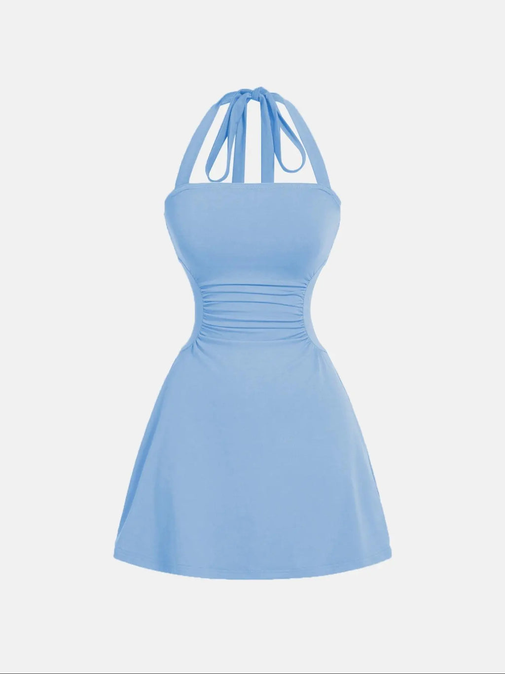Women's Plain Ruched Tie Back Halter Neck Dress