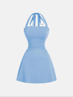 Women's Plain Ruched Tie Back Halter Neck Dress