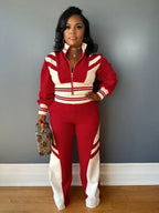 Women's Colorblock Print Zip Up Crop Jacket & Pants Two-piece Set, Casual Fashion Cozy Breathable Two Piece Outfits for Daily Outdoor Wear, Women Clothes for Fall & Winter