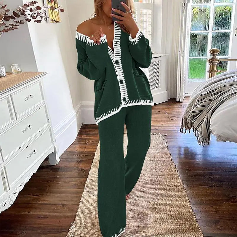 Women's 2 Piece Set Winter Knit Outfits Matching Loungewear Long Sleeve V Neck Cardigan Sweaters Wide Leg Pants Tracksuits