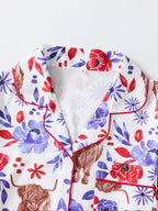 Women's Floral & Cow Print Top & Shorts Pajama Two-piece Set, Casual Comfy Short Sleeve Top & Shorts Pajama Set
