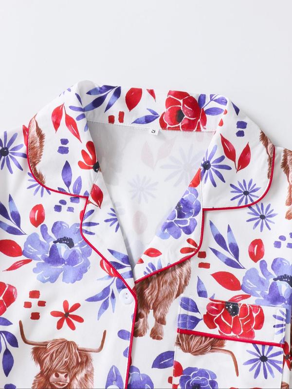 Women's Floral & Cow Print Top & Shorts Pajama Two-piece Set, Casual Comfy Short Sleeve Top & Shorts Pajama Set
