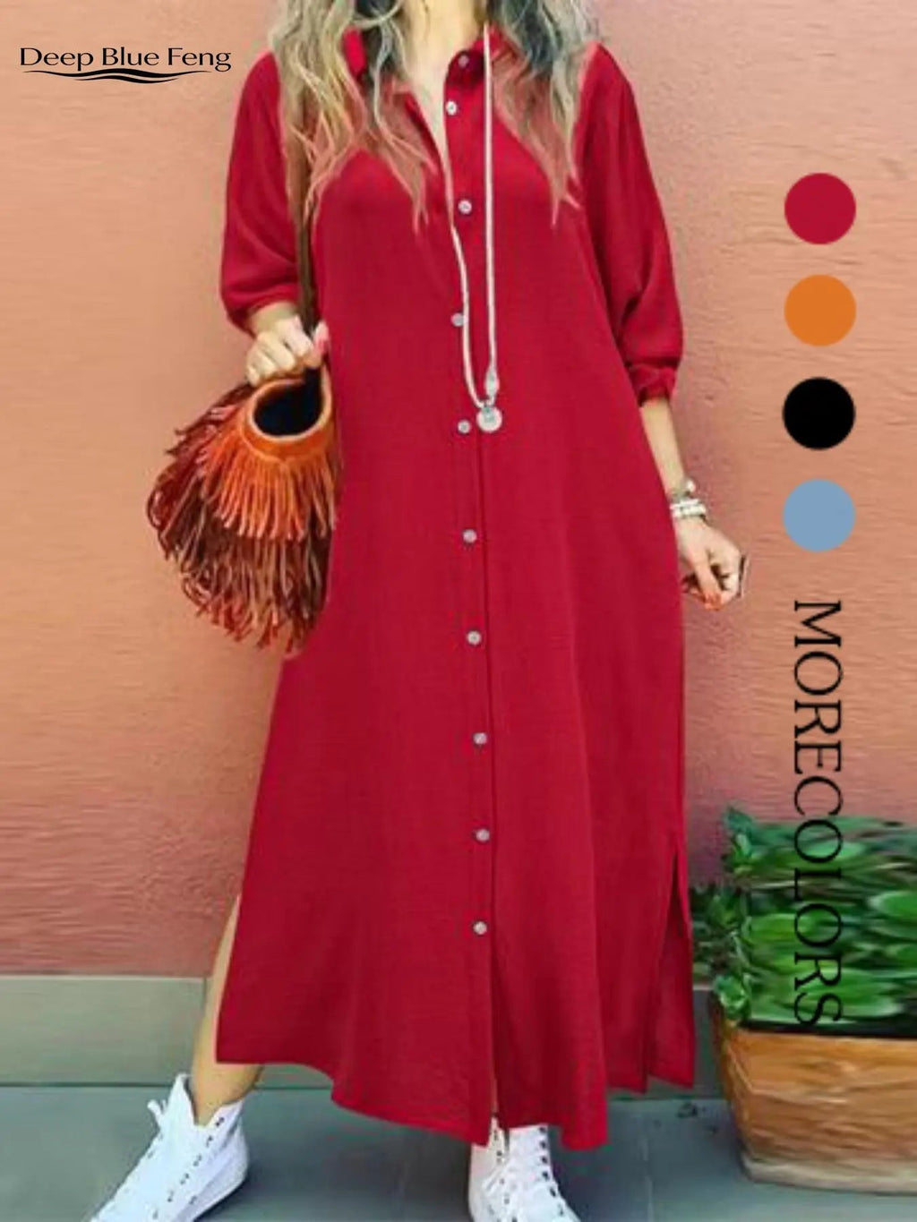 Women's Plain Button Shirt Collar Long Sleeve Dress, Collared Casual Fashion Long Dress for Daily Outdoor Wear, Women's Dress for Spring