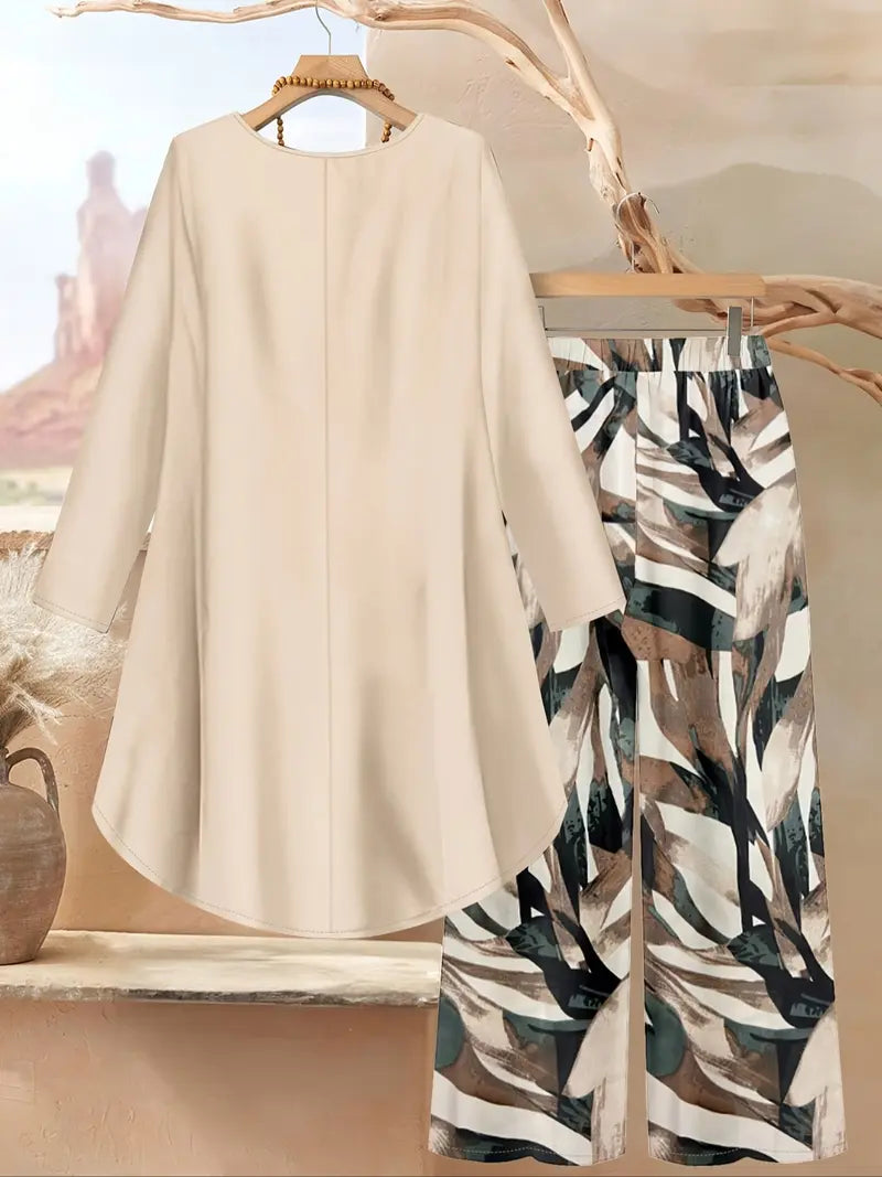 Women's Round Neck Irregular Long- Sleeved Fitted Top and Elastic Waist Solid Color Wide- Leg Pants Two-piece Matching Set, Suitable for Beach, Daily Outings, Holidays, Home, Casual Wear
