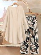 Women's Round Neck Irregular Long- Sleeved Fitted Top and Elastic Waist Solid Color Wide- Leg Pants Two-piece Matching Set, Suitable for Beach, Daily Outings, Holidays, Home, Casual Wear