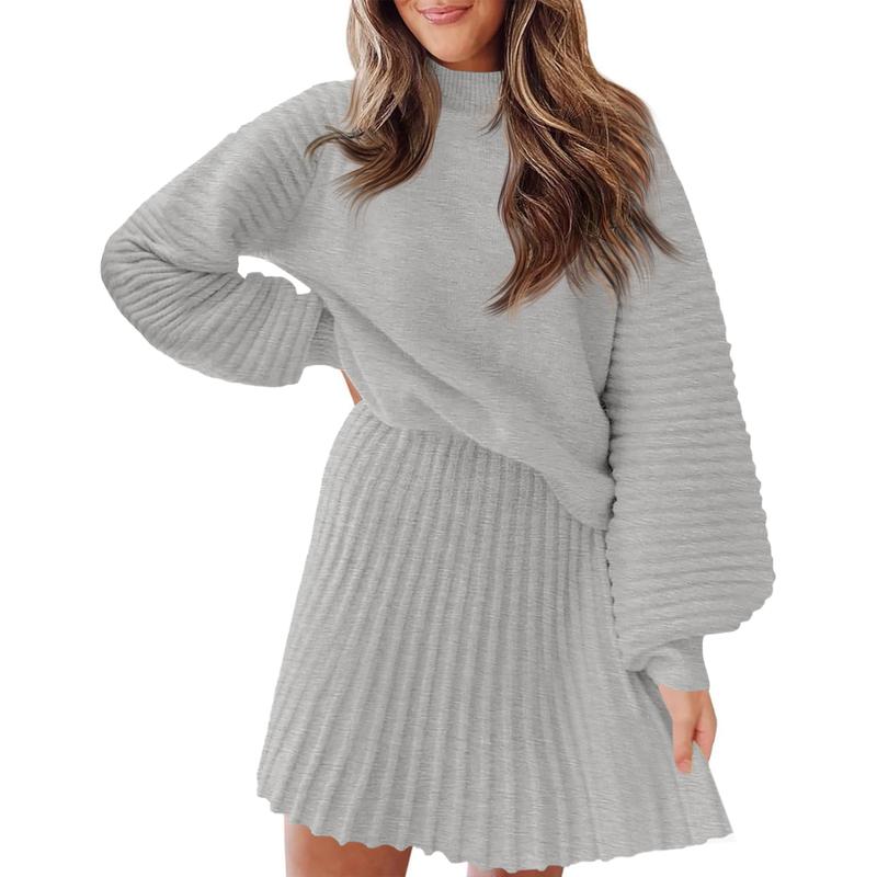 Women's 2 Piece Outfits 2025 Long Sleeve Mock Neck Ribbed Sweaters And Mini Skirt Two Piece Sets