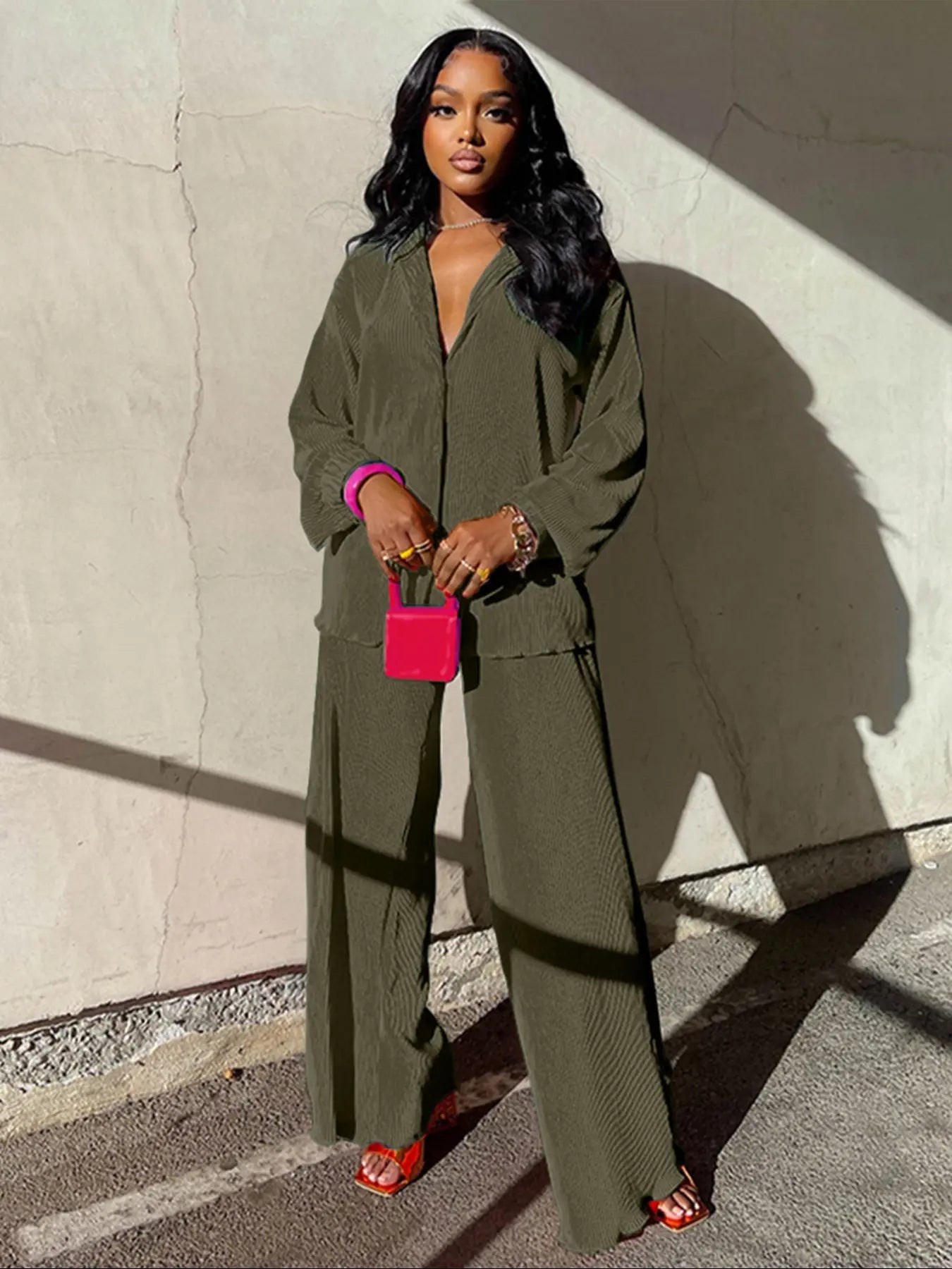 Women's Solid Button Front Shirt & Elastic Waist Pants Two-piece Set