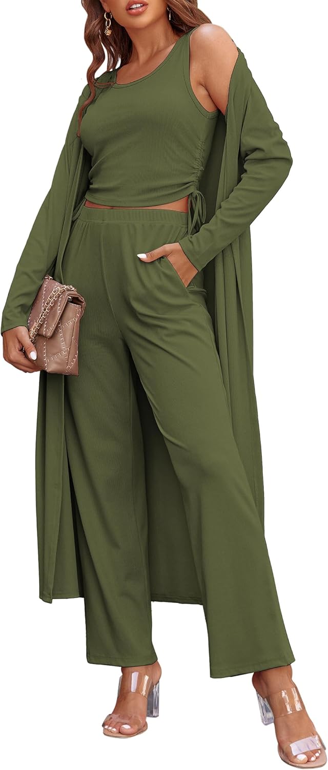 Women's 3 Piece Lounge Set Pajama Long Sleeve Cardigan Sleeveless Top Pants Sweatsuit