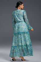 Curveins Plus Size Floral Print Lantern Sleeve Tiered Maxi Dress