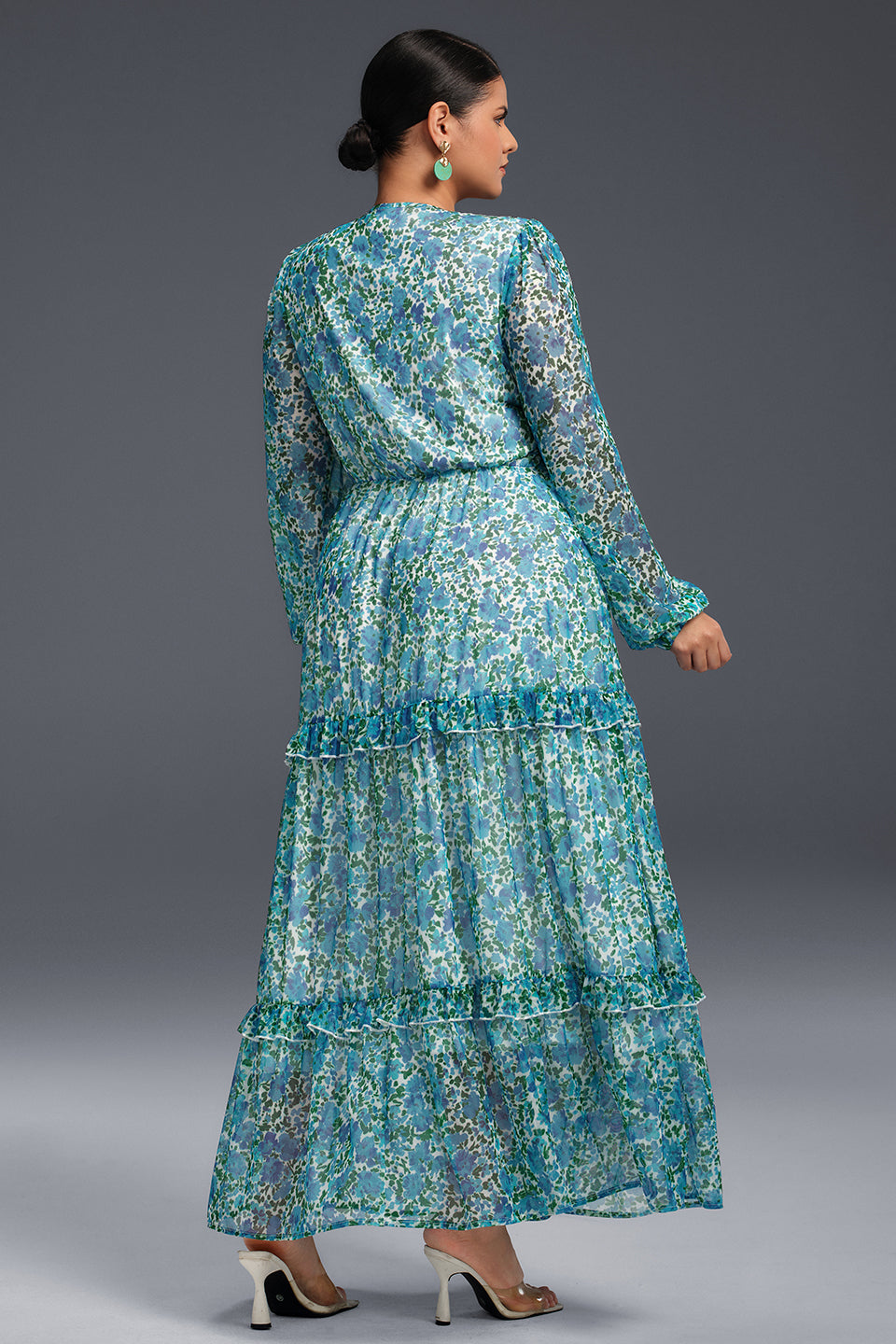 Curveins Plus Size Floral Print Lantern Sleeve Tiered Maxi Dress