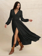 Women's Plain V Neck Long Sleeve Dress, Casual Fitted Woven Dress for All Seasons, Daily Wear Fashionable Women's Clothing