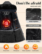 Women's Long Coats Winter Fleece Lined Warm Long Jackets for Women, Water Repellent Windproof Parka Coat Zip Up Button Drawstring Waist Overcoat with Pockets and Detachable Hood