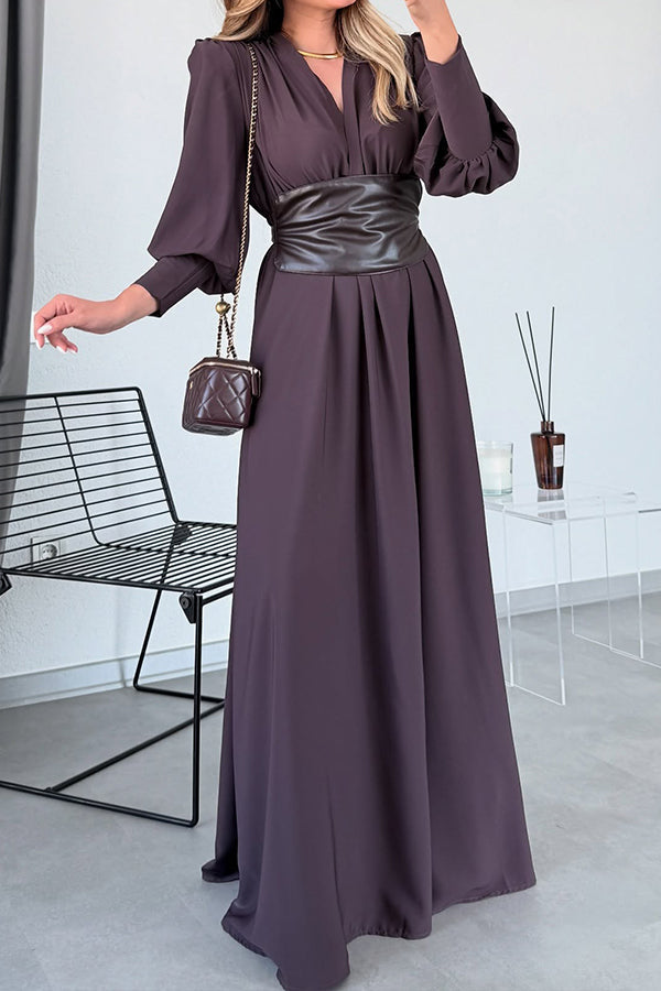 Women Elegant Deep V Lantern Sleeve Leather Waist Maxi Dress