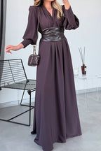 Women Elegant Deep V Lantern Sleeve Leather Waist Maxi Dress