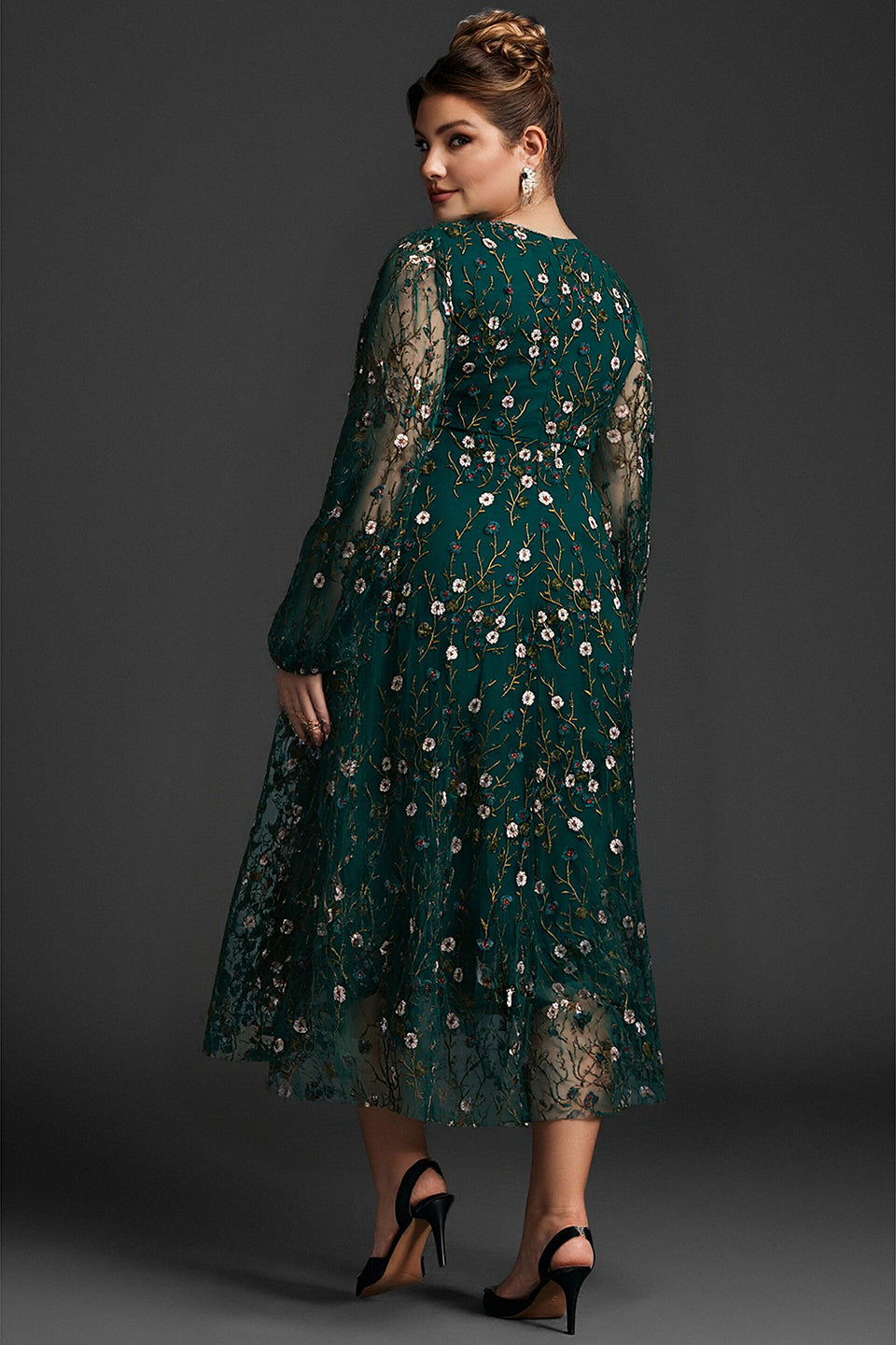 Curveins Plus Size V-Neck Ruffle Sleeve Embroidered Maxi Dress