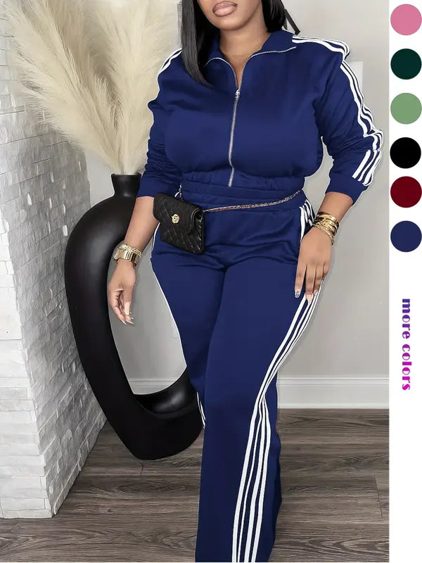 Women's Tracksuit Set, Casual Long Sleeve Zip Up Jacket & Pants Set for Spring & Fall, Women's Clothes for Daily Wear