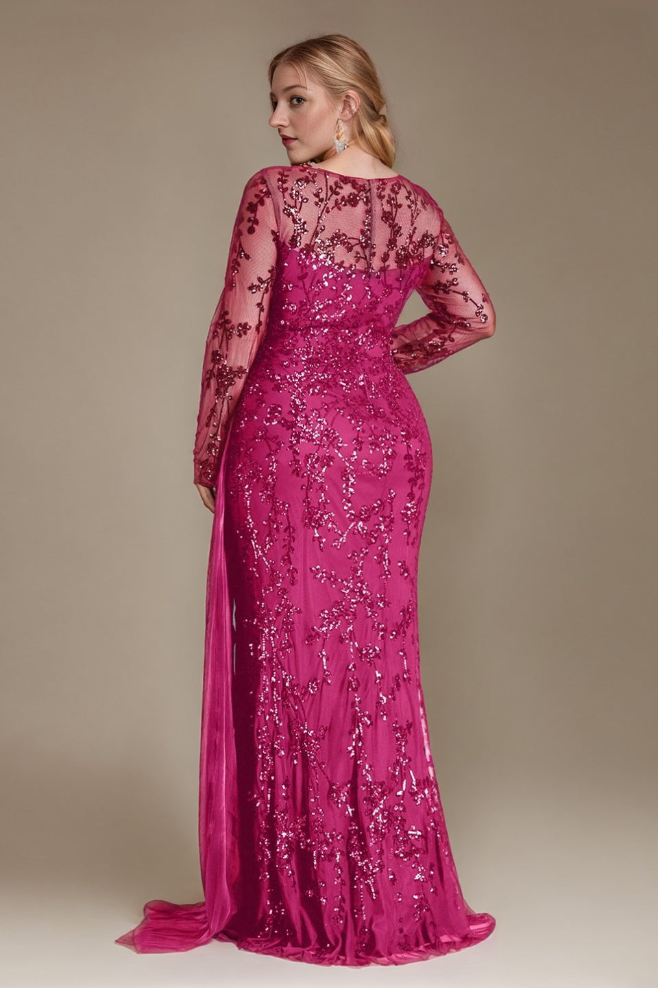 Curveins Plus Size Round Neck Embroidered Tie-Sash Bodycon Maxi Dress