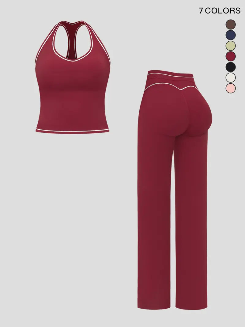Women's yoga set with double straps, luxury activewear for running and exercise, colorblock fleece fabric.