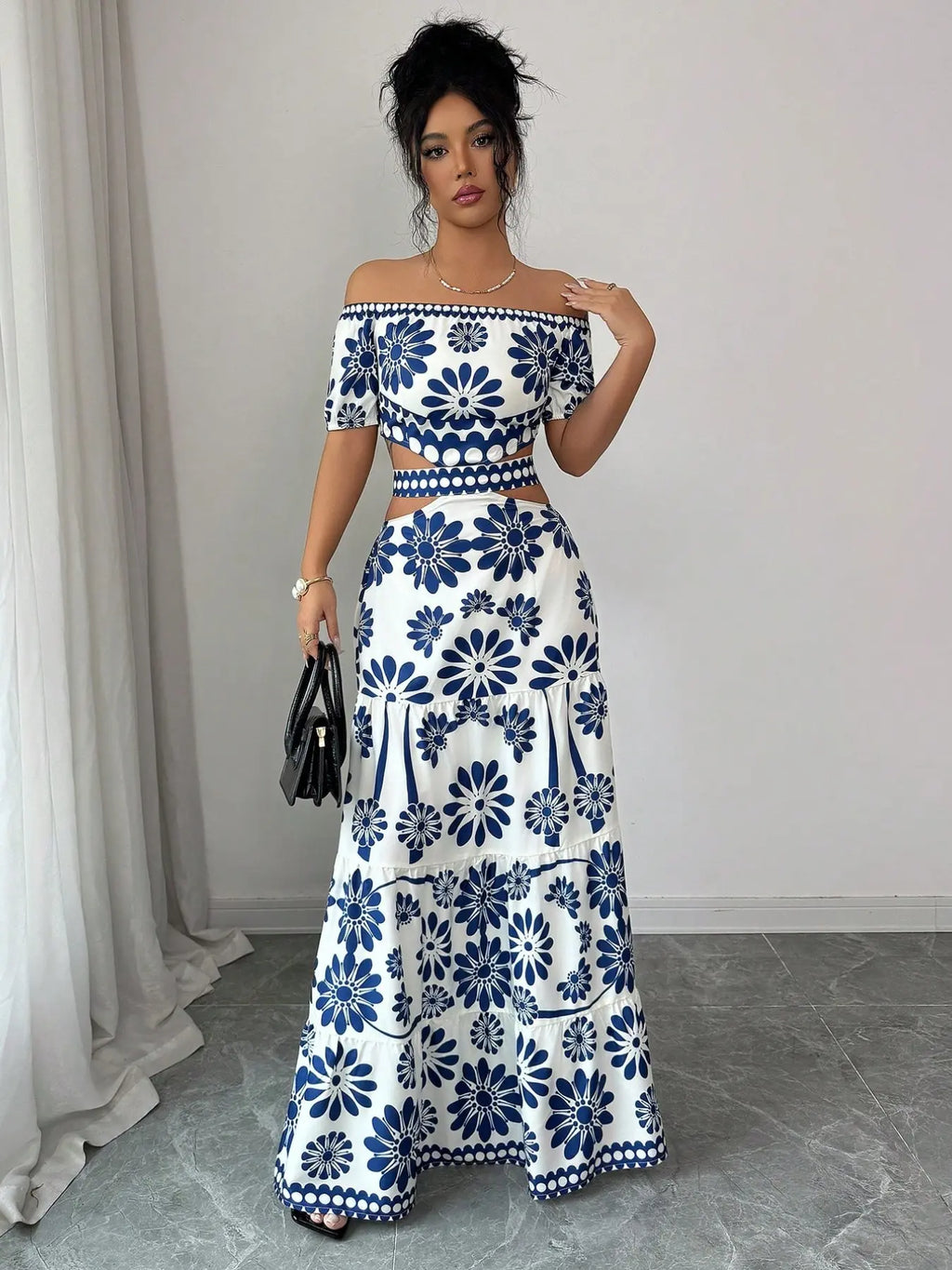 Women's off-the-shoulder short-sleeve floral dress with waist cutouts