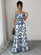 Women's off-the-shoulder short-sleeve floral dress with waist cutouts