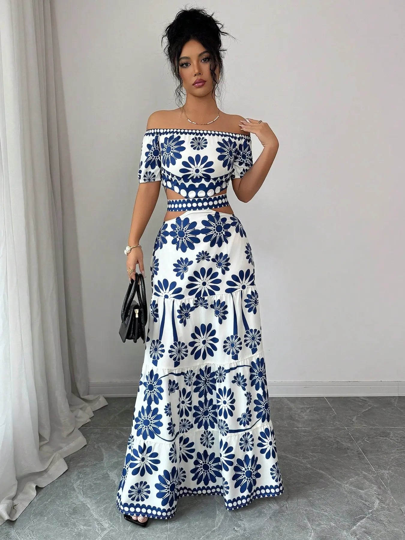 Women's off-the-shoulder short-sleeve floral dress with waist cutouts
