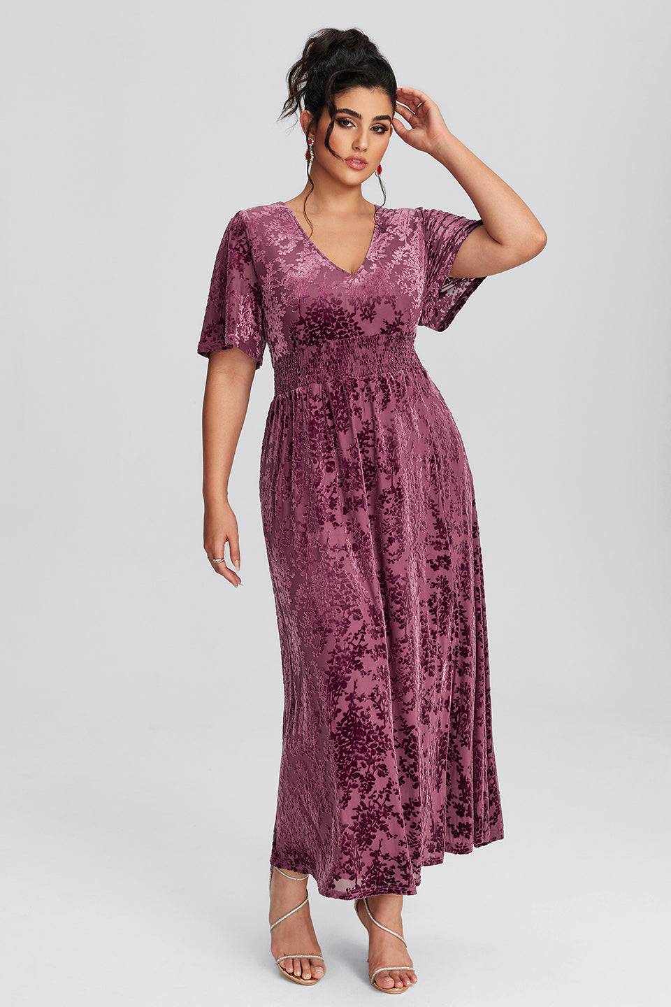 Curveins Plus Size Mauve Velvet Floral Maxi Dress