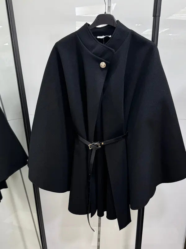 Women's Plain Front Buckle Belted Woolen Cape Coat