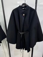 Women's Plain Front Buckle Belted Woolen Cape Coat