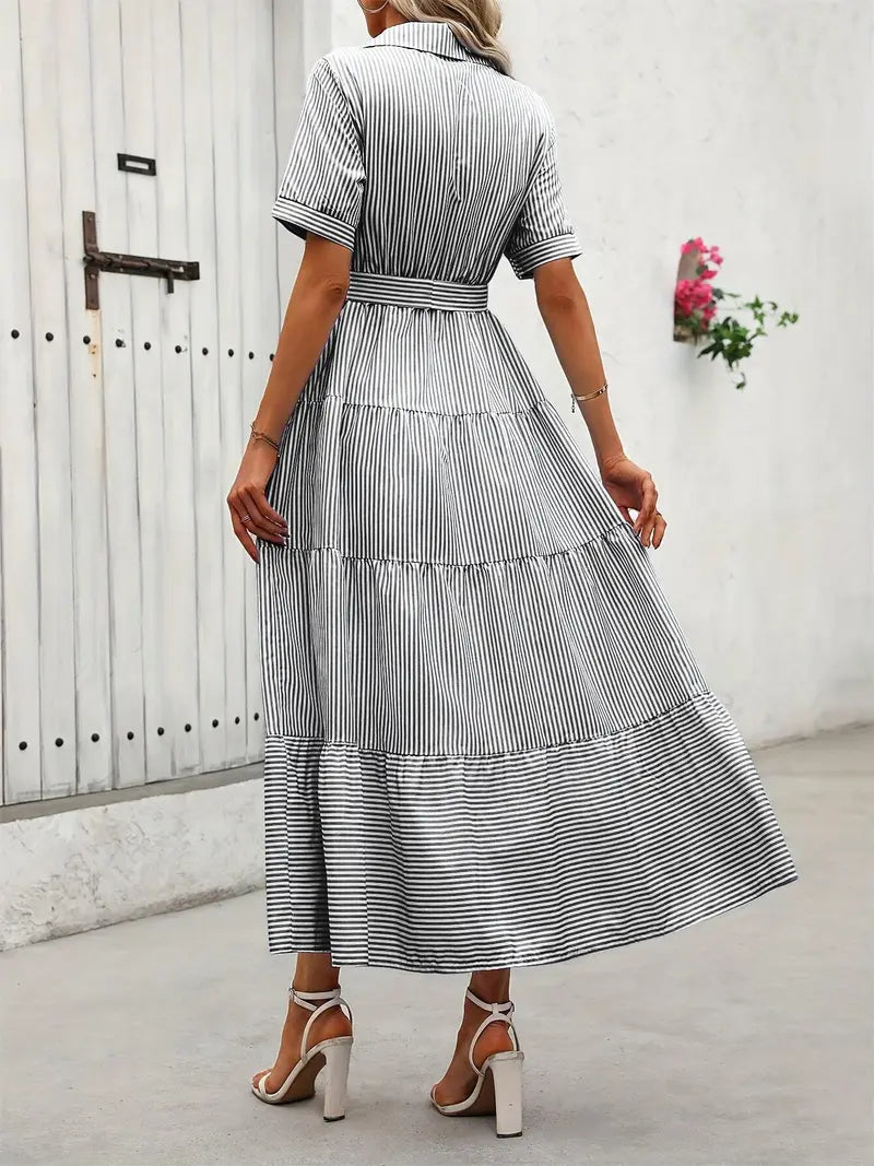 Women's Striped Print Belted   Dress, Elegant Casual  Long Dress for Summer, Women's Clothing for Daily Wear