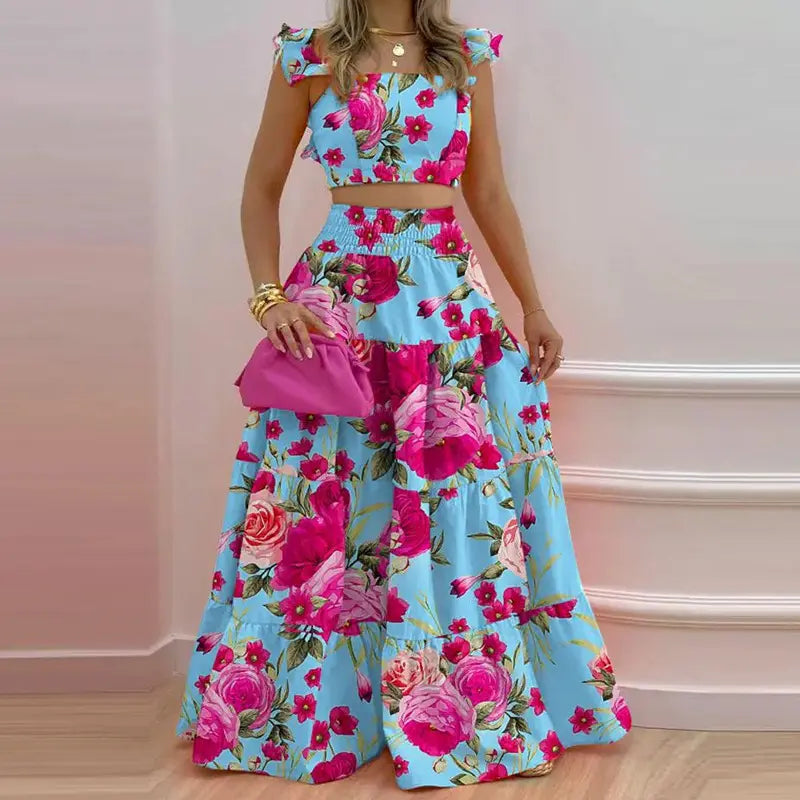 Women's Solid Color / Floral Print Shirred Top & Long Skirt Two-piece Set, Boho Fashion Casual Top & Skirt for Daily Holiday Vacation Wear, Ladies for Summer