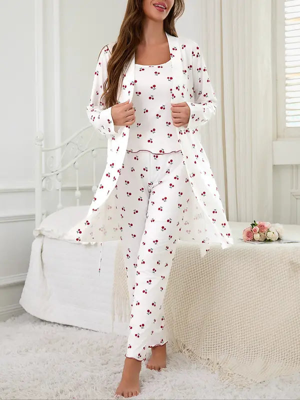 Cherry Print Women's Nightgown Set + Strap Pants