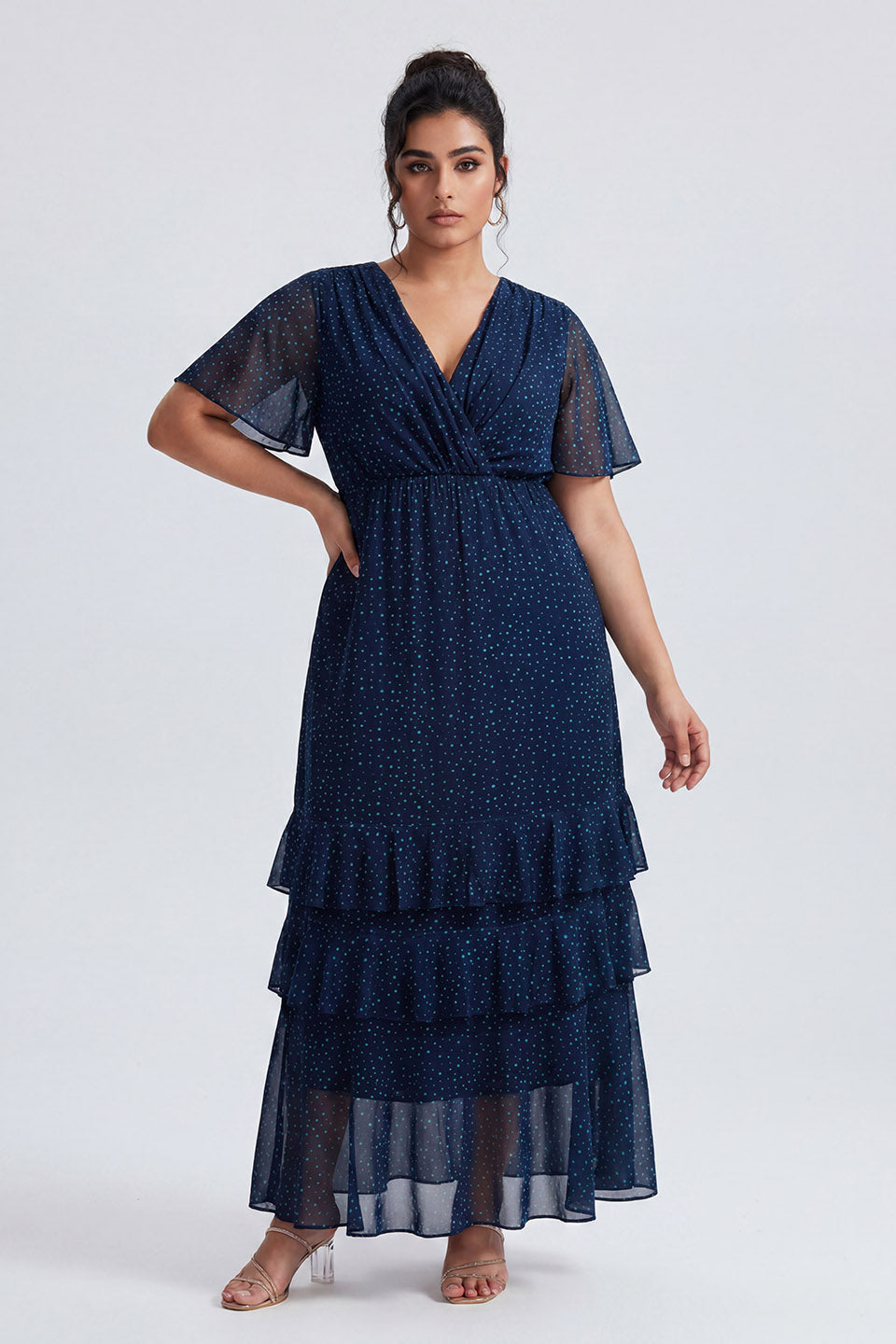 Curveins Plus Size V-Neck Batwing Sleeve Printed Maxi Dress with Ruched Detail