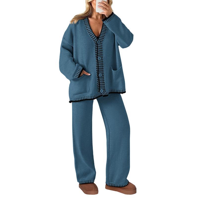 Women's 2 Piece Set Winter Knit Outfits Matching Loungewear Long Sleeve V Neck Cardigan Sweaters Wide Leg Pants Tracksuits