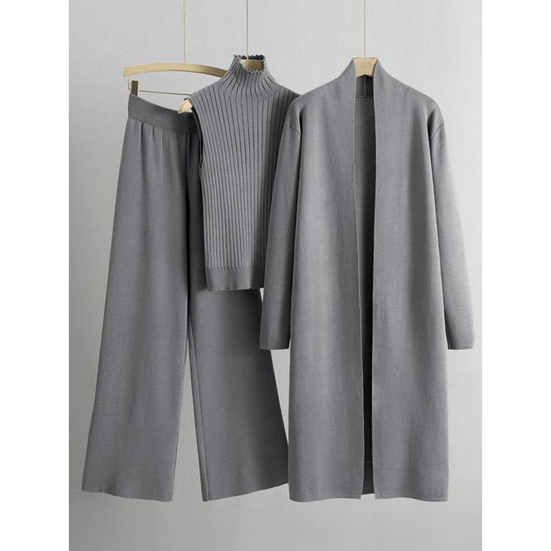 Trendy Knit Turtle Neck Tank & Wide Leg Trousers with Open-front Long Cardigan Three-piece Clothes Sets, Casual Womenswear