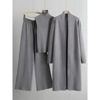 Trendy Knit Turtle Neck Tank & Wide Leg Trousers with Open-front Long Cardigan Three-piece Clothes Sets, Casual Womenswear