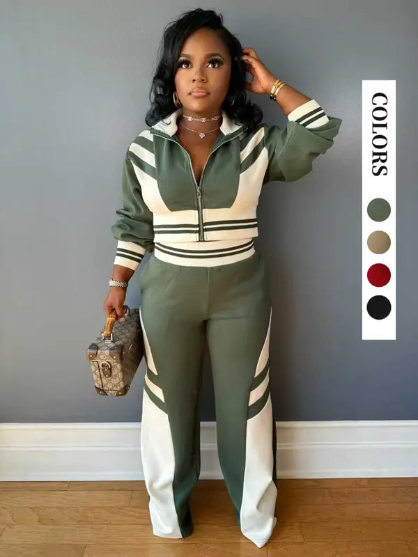 Women's Colorblock Print Zip Up Crop Jacket & Pants Two-piece Set, Casual Fashion Cozy Breathable Two Piece Outfits for Daily Outdoor Wear, Women Clothes for Fall & Winter