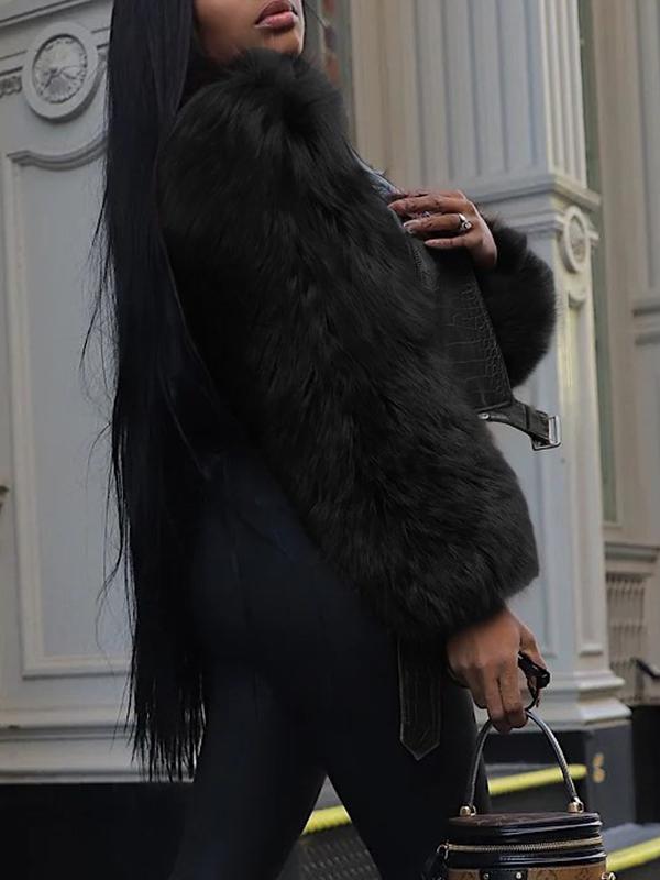 Women's Patchwork Fur Jacket, Crocodile Texture Sleeves, Zipper Design, Casual Biker Style, All Seasons Wear, Stylish & Luxurious Look