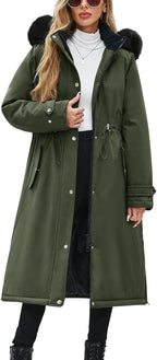 Women's Long Coats Winter Fleece Lined Warm Long Jackets for Women, Water Repellent Windproof Parka Coat Zip Up Button Drawstring Waist Overcoat with Pockets and Detachable Hood