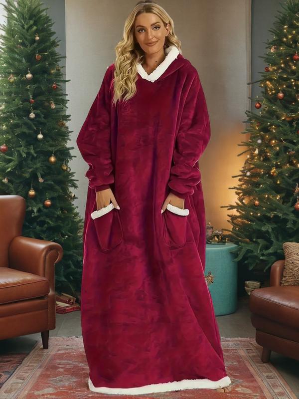 Autumn Winter Christmas Flannel Cotton Blend Hooded Long Robe, Soft Comfortable Homeewear with Vertical Pocket, Casual Plain Style