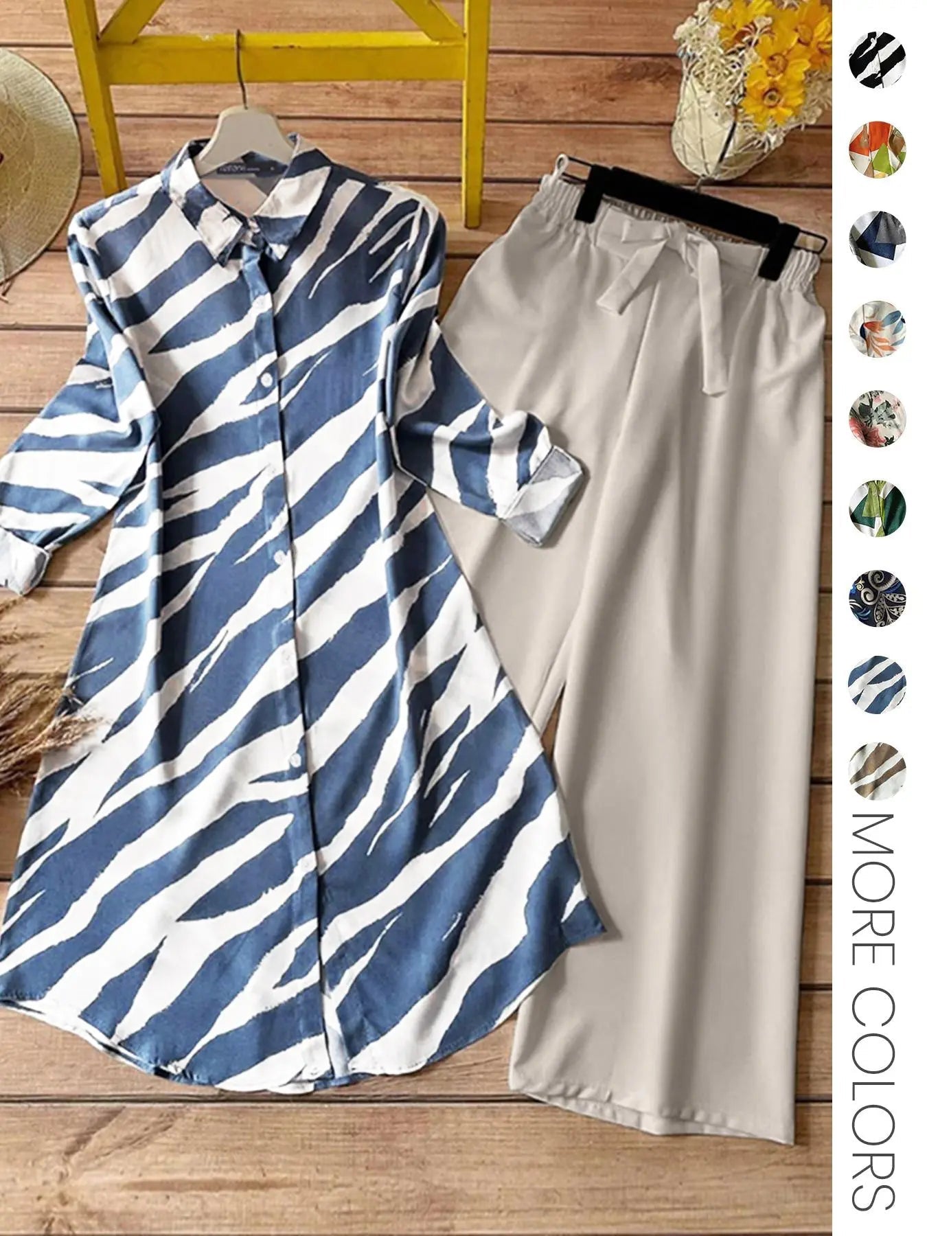 Two-piece Set Women's All Over Print Button Shirt & Wide Leg Pants, Casual Long Sleeve Collared Top & Trousers for Daily Wear, Ladies Clothes for All Seasons