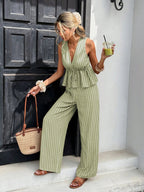 Women's Striped Two-Piece Set: Sleeveless Tie-Waist Top and Relaxed Long Pants — Vintage Bohemian Style, Commuter Outfit