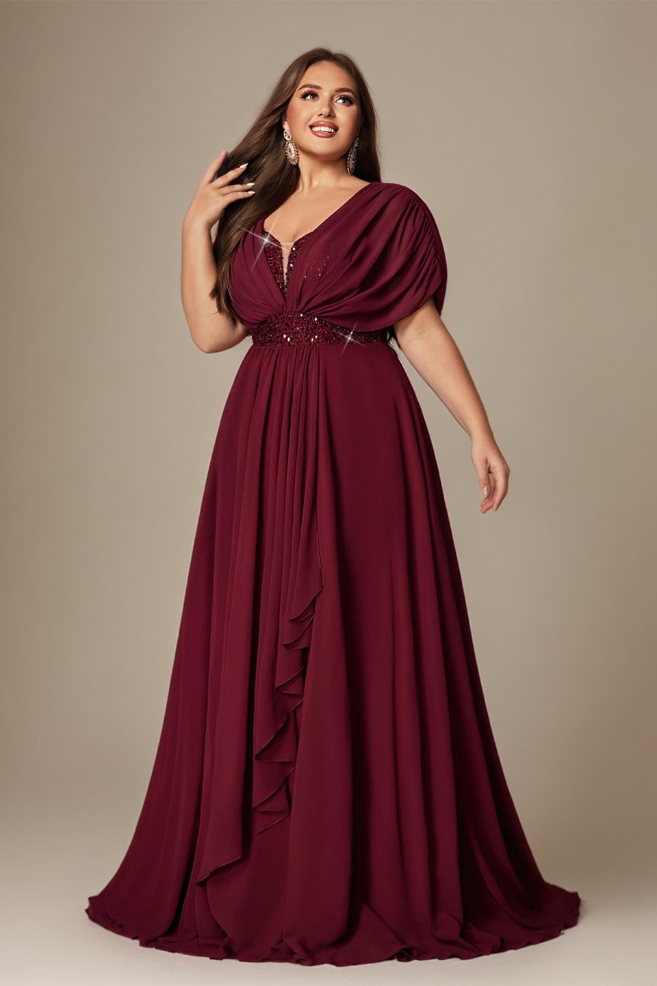 Curveins Plus Size V-Neck Short Sleeve Asymmetrical A-Line Maxi Dress