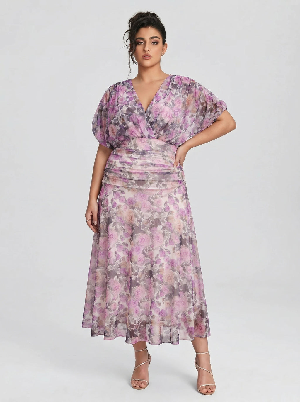 Curveins Plus Size V Neck Puff Sleeve Waist Defining Floral Print Elegant Maxi Dress