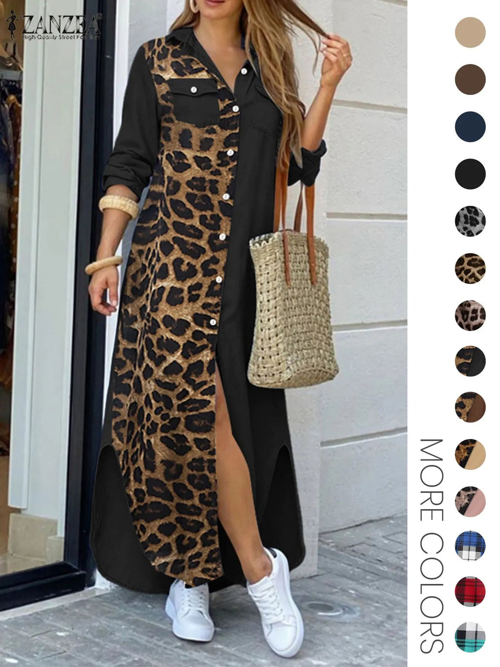 Women's Leopard Print Button Front Flap Pocket Shirt Fabric Dress, Casual Curved Hem Long Sleeve Collared Long Dress for Daily Wear, Ladies' Clothes for All Seasons, Womenswear