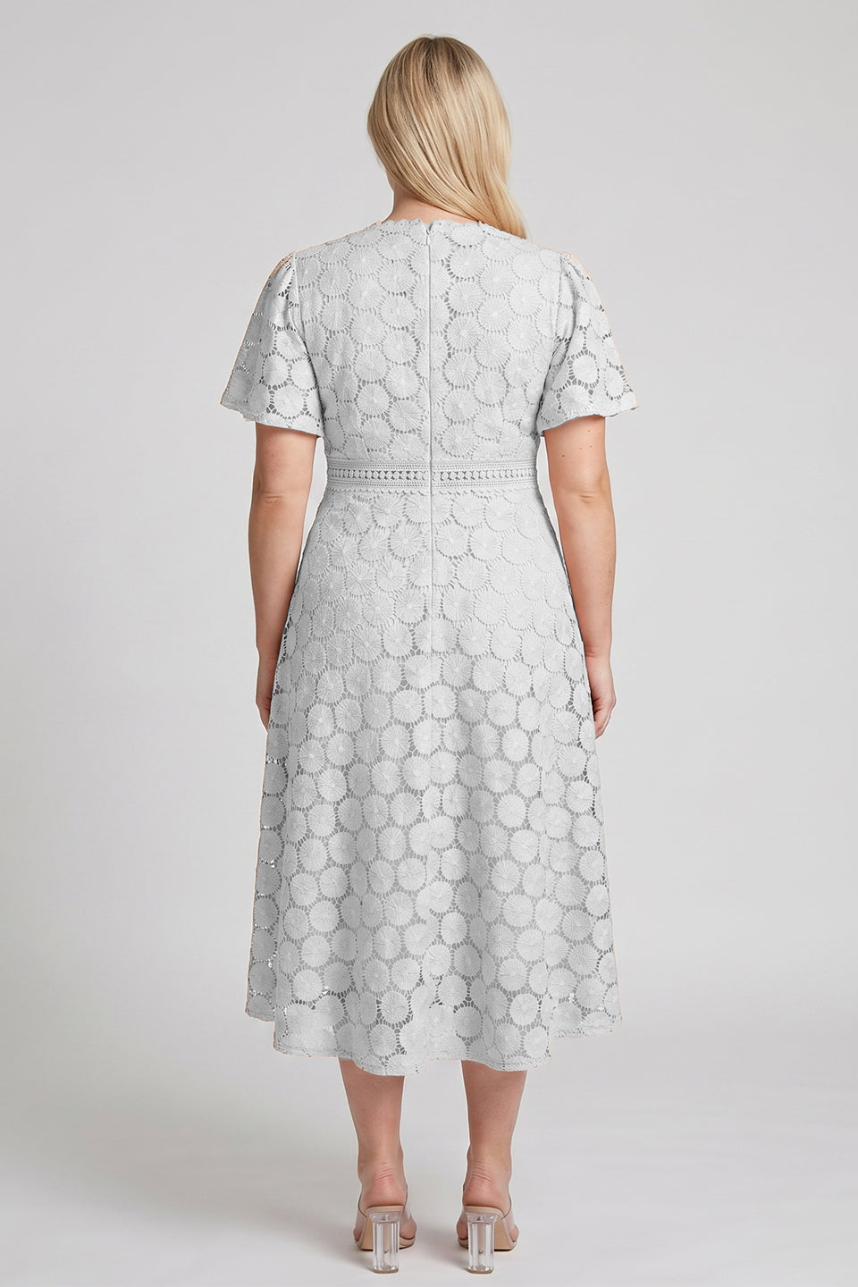 Curveins Plus Size Lace Hollow Detail Round Neck Short Sleeve Waist Defining Midi Dress