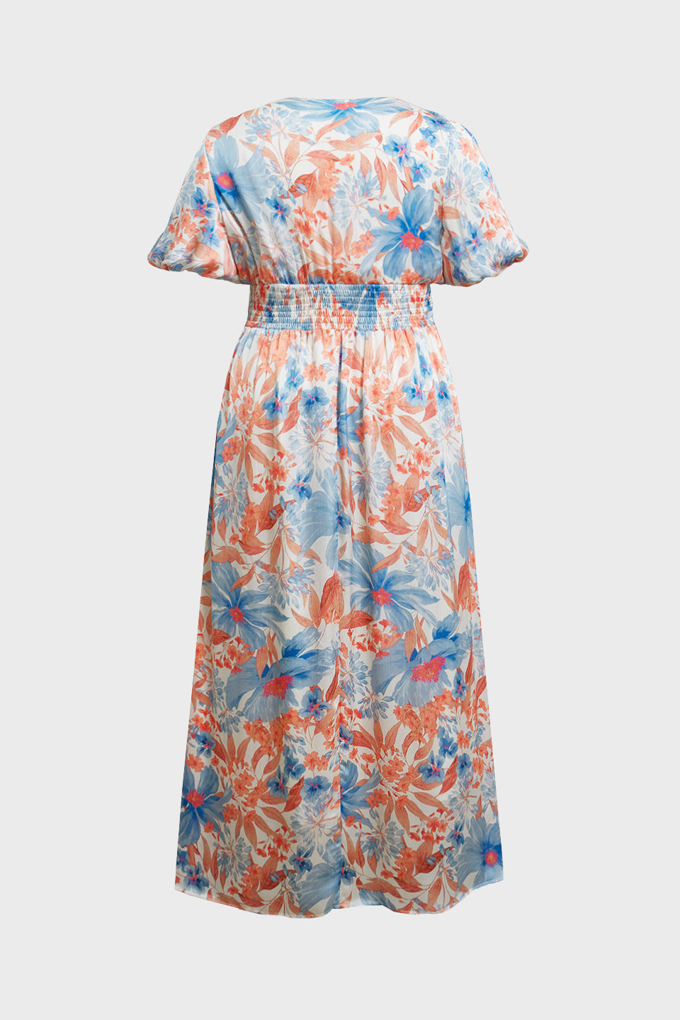 Curveins Plus Size V Neck Puff Sleeve Floral Pattern Elegant Flowing Maxi Dress