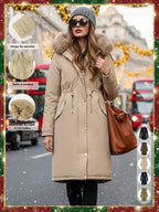 Women's Fall Winter Warm Fashion Mid-Length Parka Coat, Faux Fur Collar Drawstring Waist Belt, Windproof Waterproof Cold-Resistant